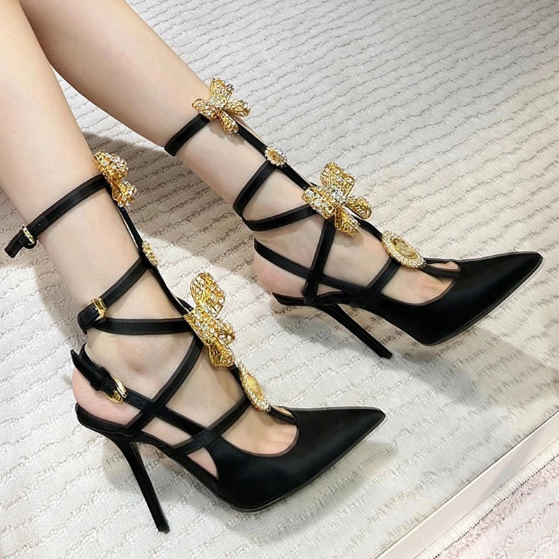 

Moraima Snc Crystal Butterfly-knot High Heel Shoes Sexy Pointed Toe Cutouts Party Dress Shoes Summer Gladaitor Sandals