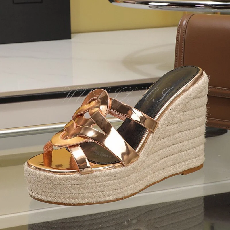 

Gold Shiny Leather Espadrilles Wedge Sandals Women Platform High Heels Cross Round Open Slingback Mirror Gloss Bling Casual Shoe