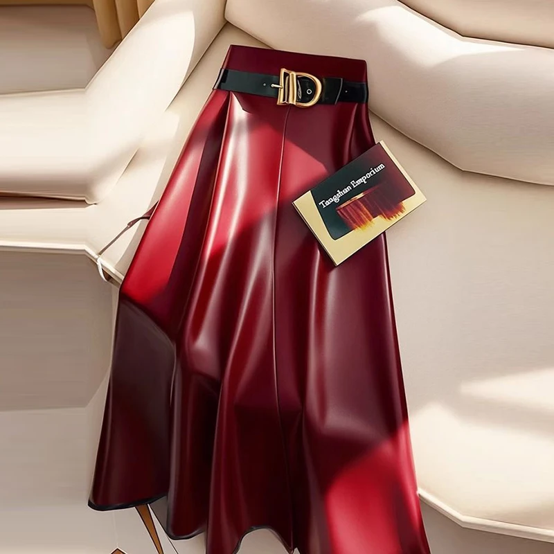 High end goddess style high-end red PU skirt for women 2024 new Leather midi skirt, mid length umbrella skirt 73 Sd945e52cae2442f0abbc013442f806f5F