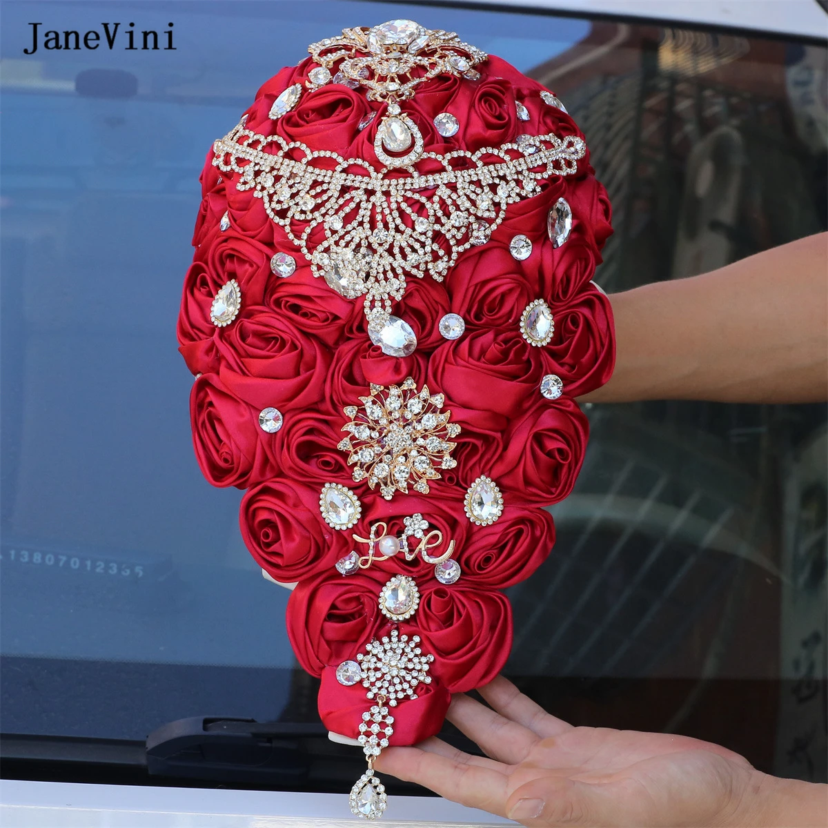 

JaneVini New Burgundy Wedding Flowers Waterfall Bridal Bouquets Bling Crystal Artificial Satin Roses Cascading Bouquet for Bride