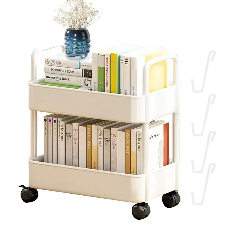 

2 Tier Rolling Book Cart Book Rack Storage with Wheels Utility Organizer Bookshelves File Folder Movable Storage Book Shelves