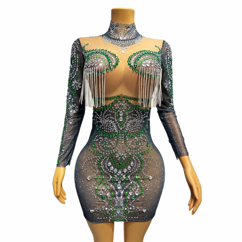 Women Dance Show Evening Mesh Costume Prom Party Birthday Dresses Green Rhinestones Transparent Crystals Chains Dress
Women Dance Show Evening Mesh Costume Prom Party Birthday Dresses Green Rhinestones Transparent Crystals Chains Dress