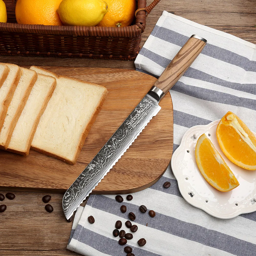 Serrated 8 Inch Bread Cake Knife 73 Layers High Carbon Damascus Steel Chef's Slicing Kitchen Knife Sharp VG10 Core Blade Cut
Serrated 8 Inch Bread Cake Knife 73 Layers High Carbon Damascus Steel Chef's Slicing Kitchen Knife Sharp VG10 Core Blade Cut