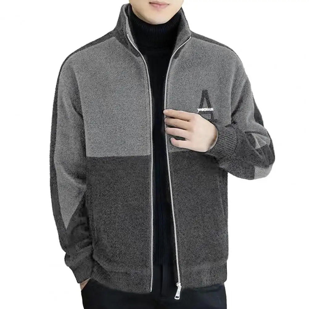 

Men Winter Coat Men's Thick Warm Winter Coat with Stand Collar Zipper Closure Stylish Color Matching Cardigan for Cold Weather