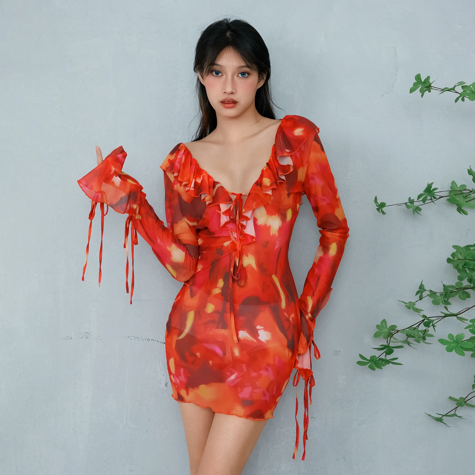 

Women Ruffle Summer Mini Dress Vintage Tie-dye Print Long Sleeve Bodycon Dress Deep V Neck Tie Front Beach Party Sundress