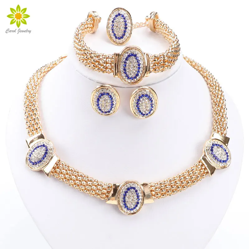 

African Costume Jewelry Sets Women Gold Color Beads Rhinestone Oval Shape Necklace Set Dubai Nigerian Wedding Accessories
