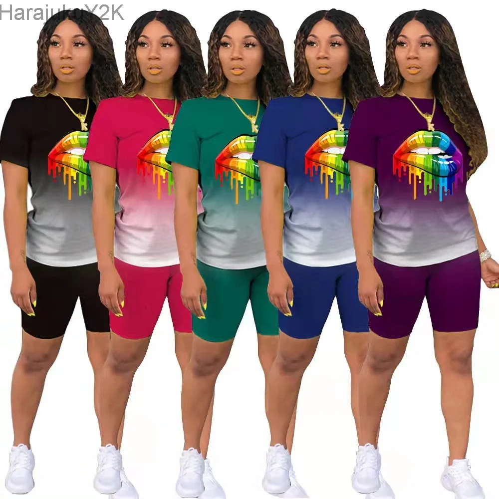 

Active Print Two 2Piece Set for Women Casual Short Sleeve Gradient T-shirt and Shorts Set Tracksuit Fashion Outfits Urban Street