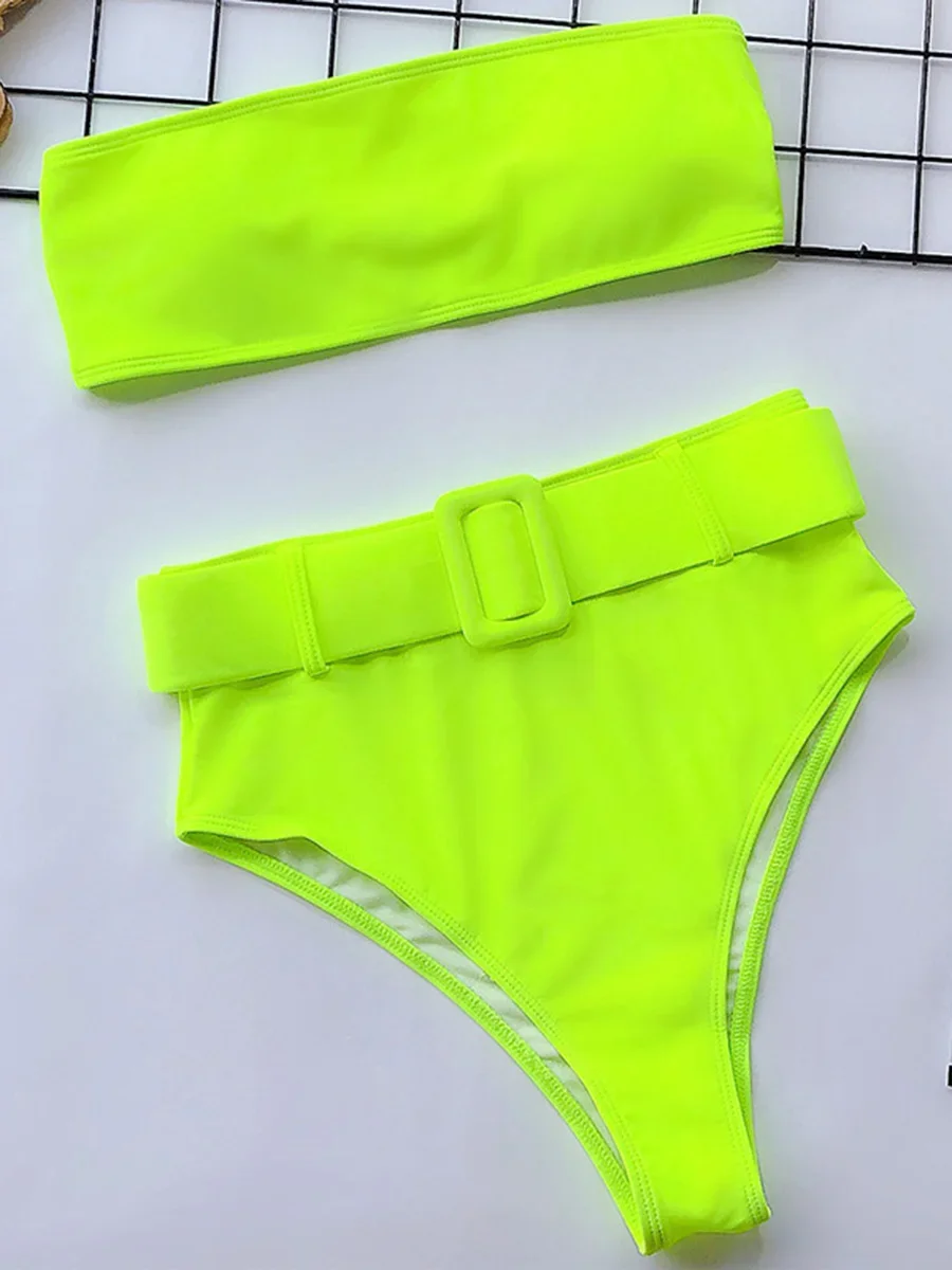 

Neon Green Bandeau Swimsuit High Waist Bikini 2024 Women Swimwear Female Two pieces Bikini set Buckle Waistband bathing suit