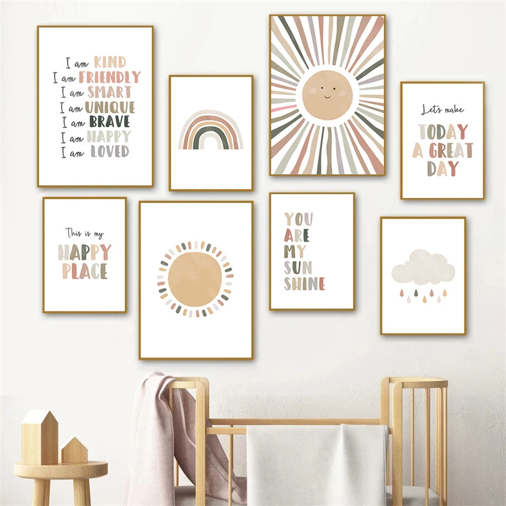 

Boho Cartoon Sun Wall Art Prints Cloud Rainbow Canvas Poster Quotes Wall Painting Nursery Print Pictures Baby Kids Room Decor
