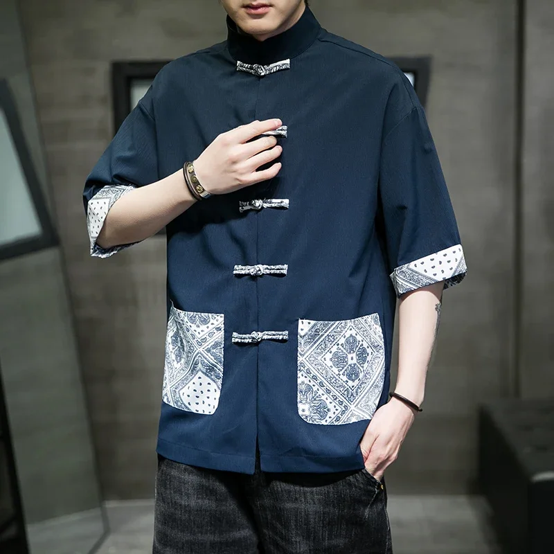 Летняя трендовая Мужская рубашка популярного цвета из ледяного шелка, костюм ханьфу Тан, рубашка с короткими рукавами и пуговицами, модная женская одежда в китайском стиле 
Летняя трендовая Мужская рубашка популярного цвета из ледяного шелка, костюм ханьфу Тан, рубашка с короткими рукавами и пуговицами, модная женская одежда в китайском стиле