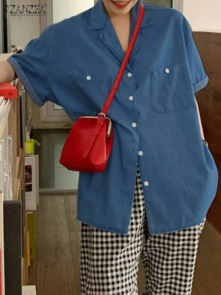 Женская джинсовая рубашка ZANZEA с коротким рукавом, модная корейская модная однотонная блузка оверсайз, рубашка в стиле бойфренд с воротником с лацканами и карманами
Женская джинсовая рубашка ZANZEA с коротким рукавом, модная корейская модная однотонная блузка оверсайз, рубашка в стиле бойфренд с воротником с лацканами и карманами