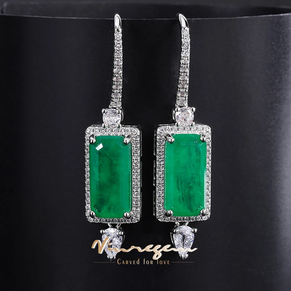 

Vinregem 8*16MM Heart Lab Created Emerald Paraiba Tourmaline Gemstone Sona Diamond Drop Dangle Earrings Fine Jewelry Wholesale