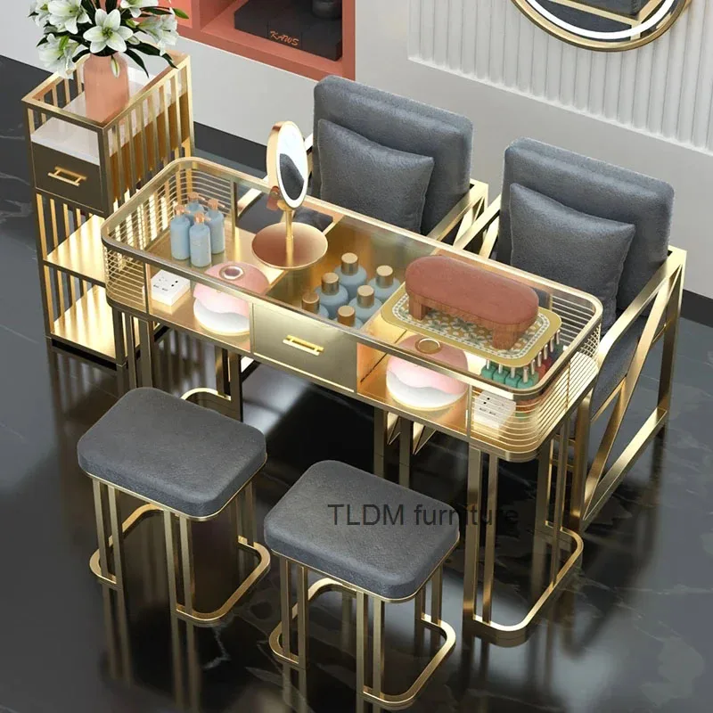 Italian Light Luxury Glass Nail Tables Gold with Drawer Manicure Tables Modern Salon Furniture Beauty Salon Table and Chair Set
Italian Light Luxury Glass Nail Tables Gold with Drawer Manicure Tables Modern Salon Furniture Beauty Salon Table and Chair Set