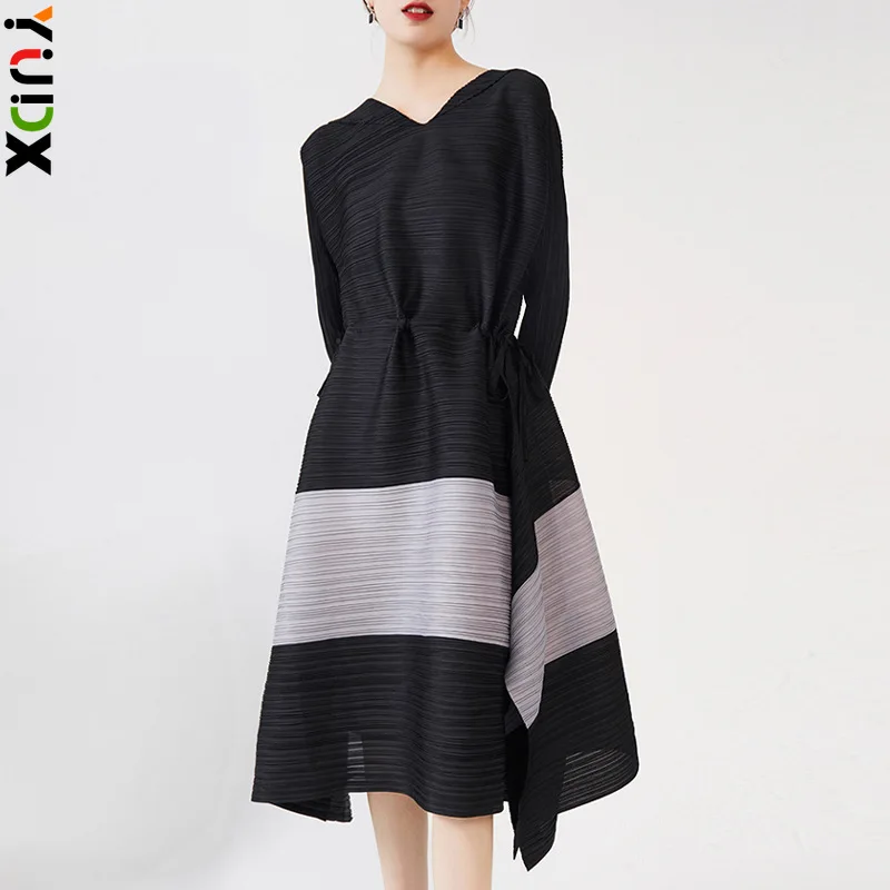 

YUDX Miyake Pleated Dress Women with A Design Sense Niche Westernization Waist Tied Black Mid Length A-line Skirt Dress 2024 New