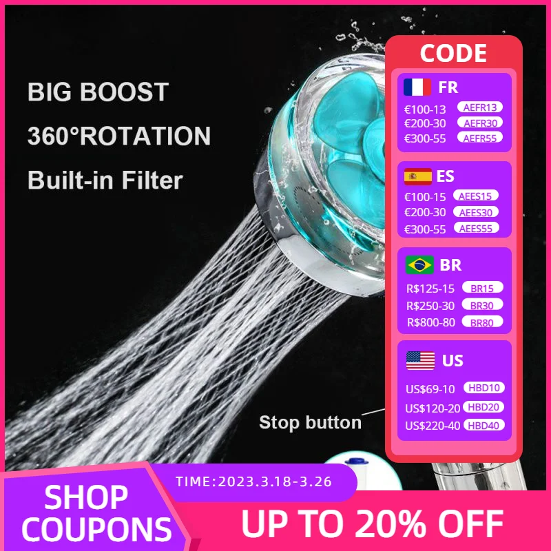 

New Propeller Shower Head High Pressure Water Saving Supercharged Turbo Showerhead with Fan Filter Rainfall Bathroom Shower