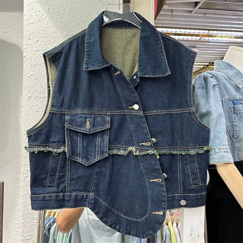 

2023 Summer New Irregular Single-breasted Frayed Burrs Patchwork Denim Vest Sleeveless Tops Short Jacket Short Cowboy Waistcoat