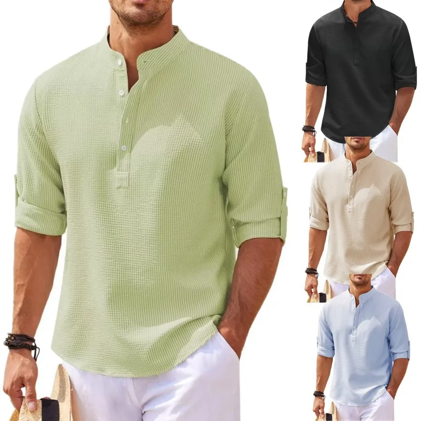 

Рубашка мужская с длинным рукавом, хлопково-Льняная блуза с воротником-стойкой, Повседневная блуза в пляжном стиле, однотонная, весна-осень