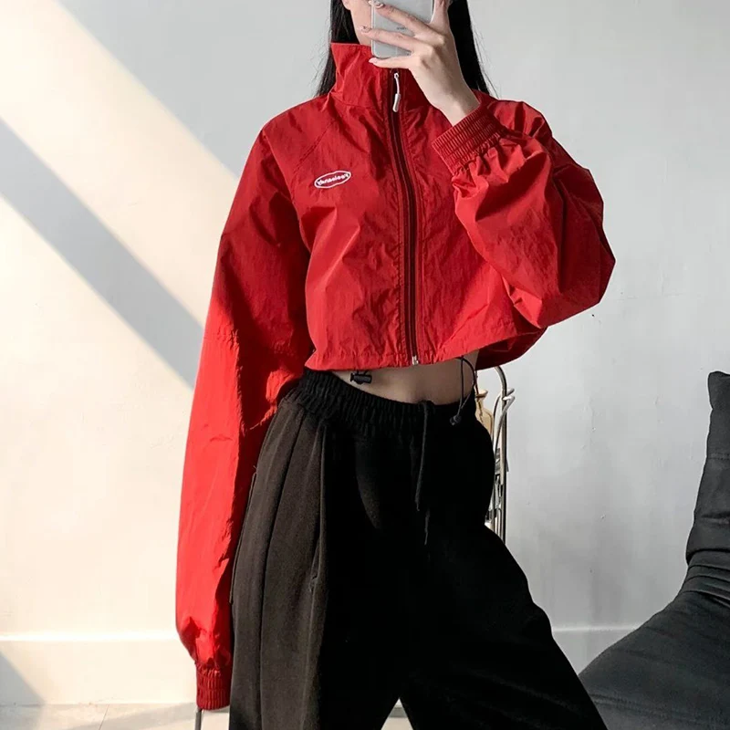 

Куртка женская тонкая с воротником-стойкой, ветровка с кулиской и длинным рукавом, уличная одежда, Y2K, на лето