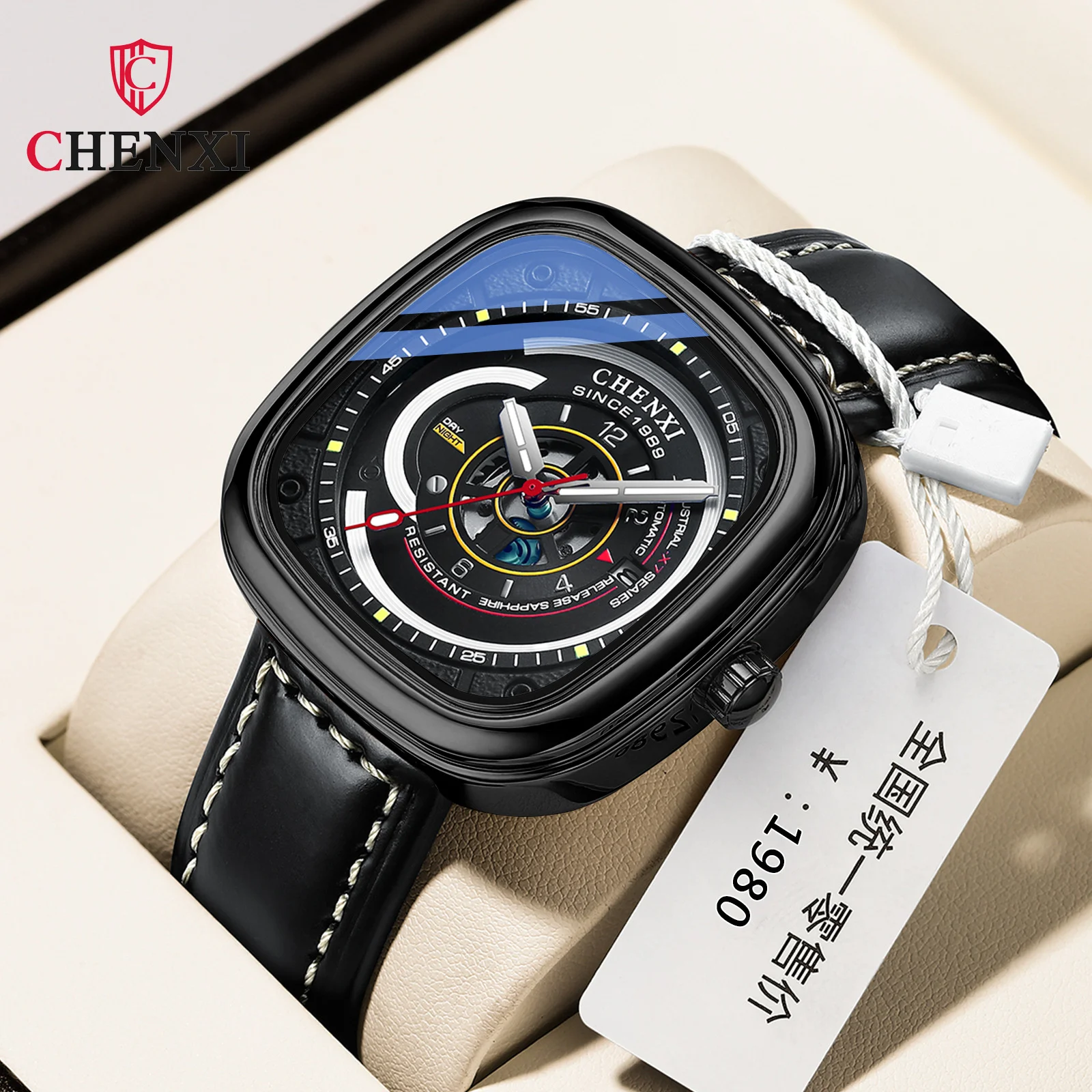 

CHENXI 8224 Square Men's Watch New Fashion Cool Sports Unique Trend Black Leather Luminous Quartz Wristwatch for Male Gift Clock
