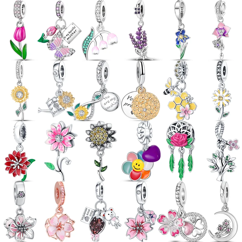 

925 Silver Sweet Charm Beads Rose Cherry Blossom Daisy Narcissus Sunflower Lavender Flowers Pendant Fit Pandora Bracelet Jewelry