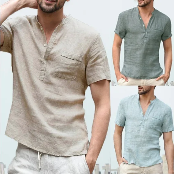 Summer new cotton and linen short-sleeved men's T-shirt with collar button and semi-open simple short-sleeved shirt. 
Summer new cotton and linen short-sleeved men's T-shirt with collar button and semi-open simple short-sleeved shirt.