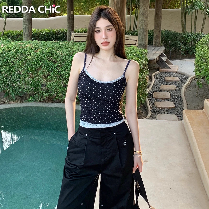 

ReddaChic 90s Retro Polka Dot Women's Camisole Stretch Slim Lace Trim Patchwork Crop Top Summer Sleeveless Vest Korean Clothes