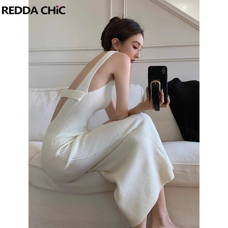 

ReddaChic White Minimalist V-neck Backless Women Evening Dress Rib Knit Plain Sleeveless Midi Long Elegant One-piece Dresses