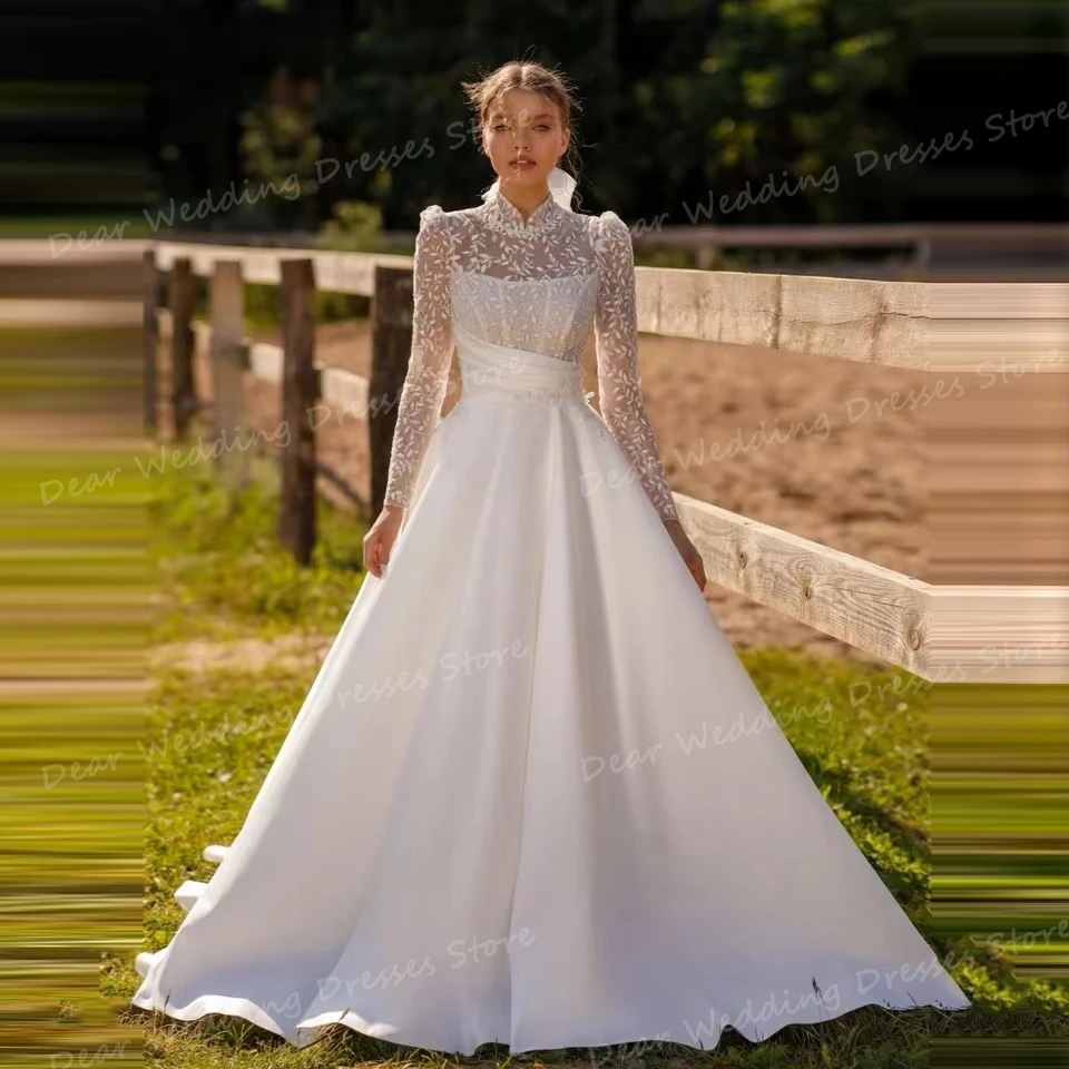 Elegant Appliques Wedding Dresses A Line Women's Bridal Gowns Sexy High Neck Long Sleeve Lace Satin Formal Fashion Vestido Novia
Elegant Appliques Wedding Dresses A Line Women's Bridal Gowns Sexy High Neck Long Sleeve Lace Satin Formal Fashion Vestido Novia