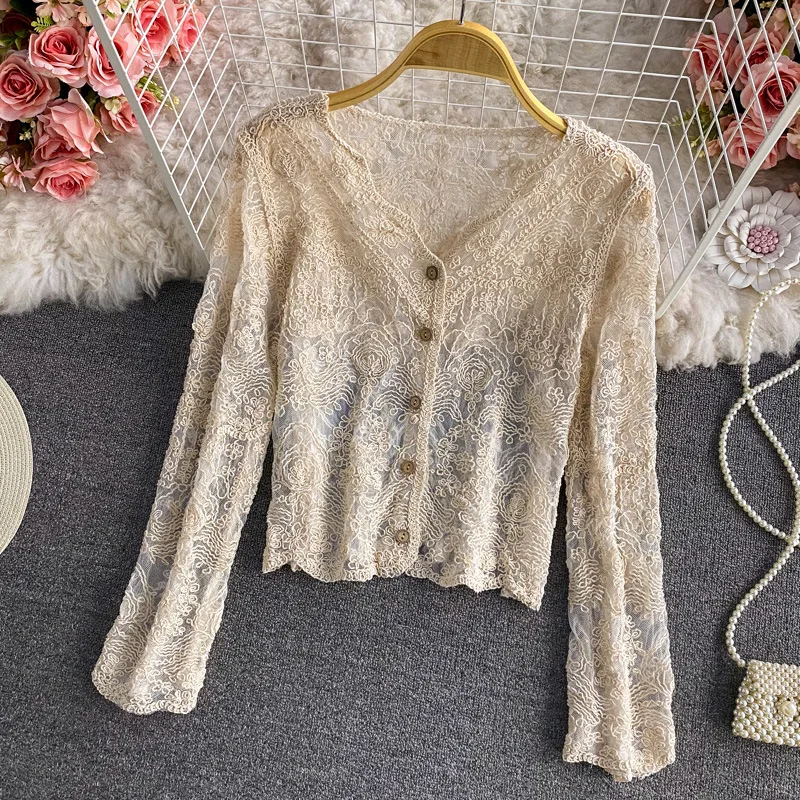 Women Hollow Out Long Sleeve Lace Blouses Crochet Floral V-Neck Sexy Female Shirts Spring Lady Korean Style Casual Mesh Top
Women Hollow Out Long Sleeve Lace Blouses Crochet Floral V-Neck Sexy Female Shirts Spring Lady Korean Style Casual Mesh Top