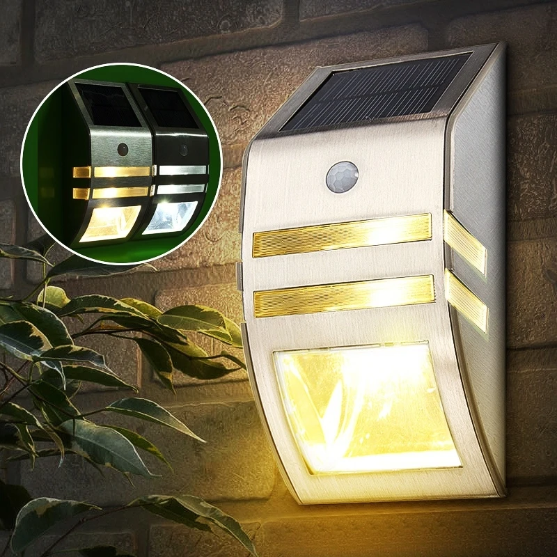 

moonlux 1pcs Stainless Steel Waterproof PIR Motion Sensor LED Solar Light Garden Yard Outdoor Wall Lamp Pathway