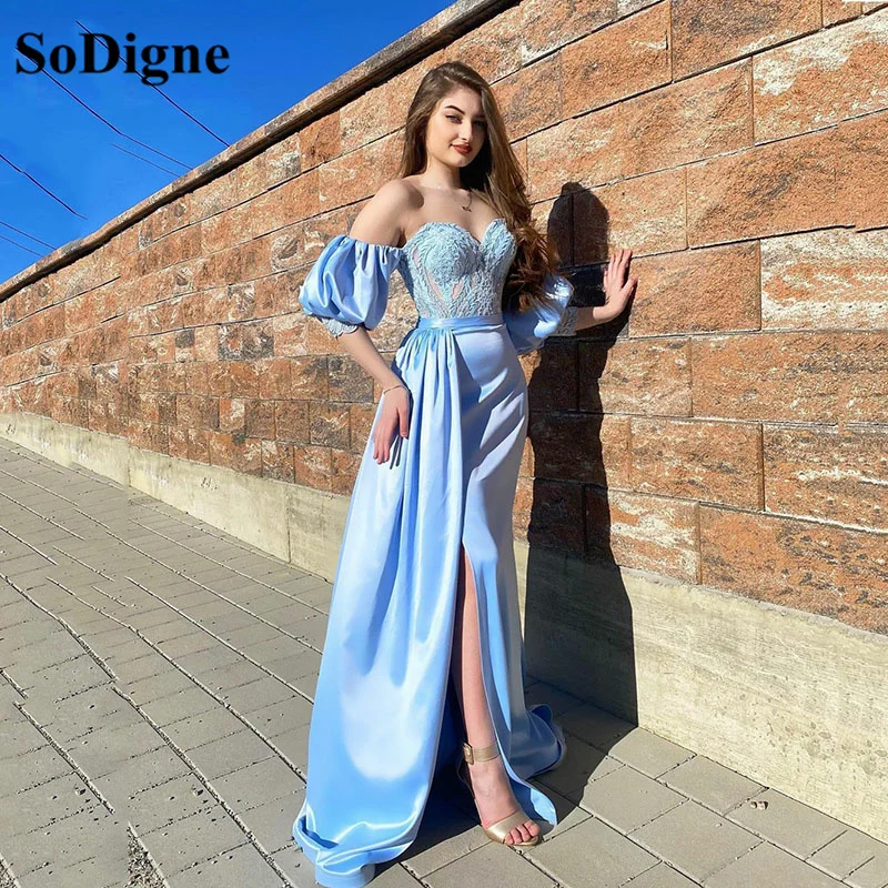 

SoDigne Sky Blue Satin Saudi Arabia Prom Dresses Off The Shoulder Dubai Formal Evening Party Dress Customize Women's Gowns