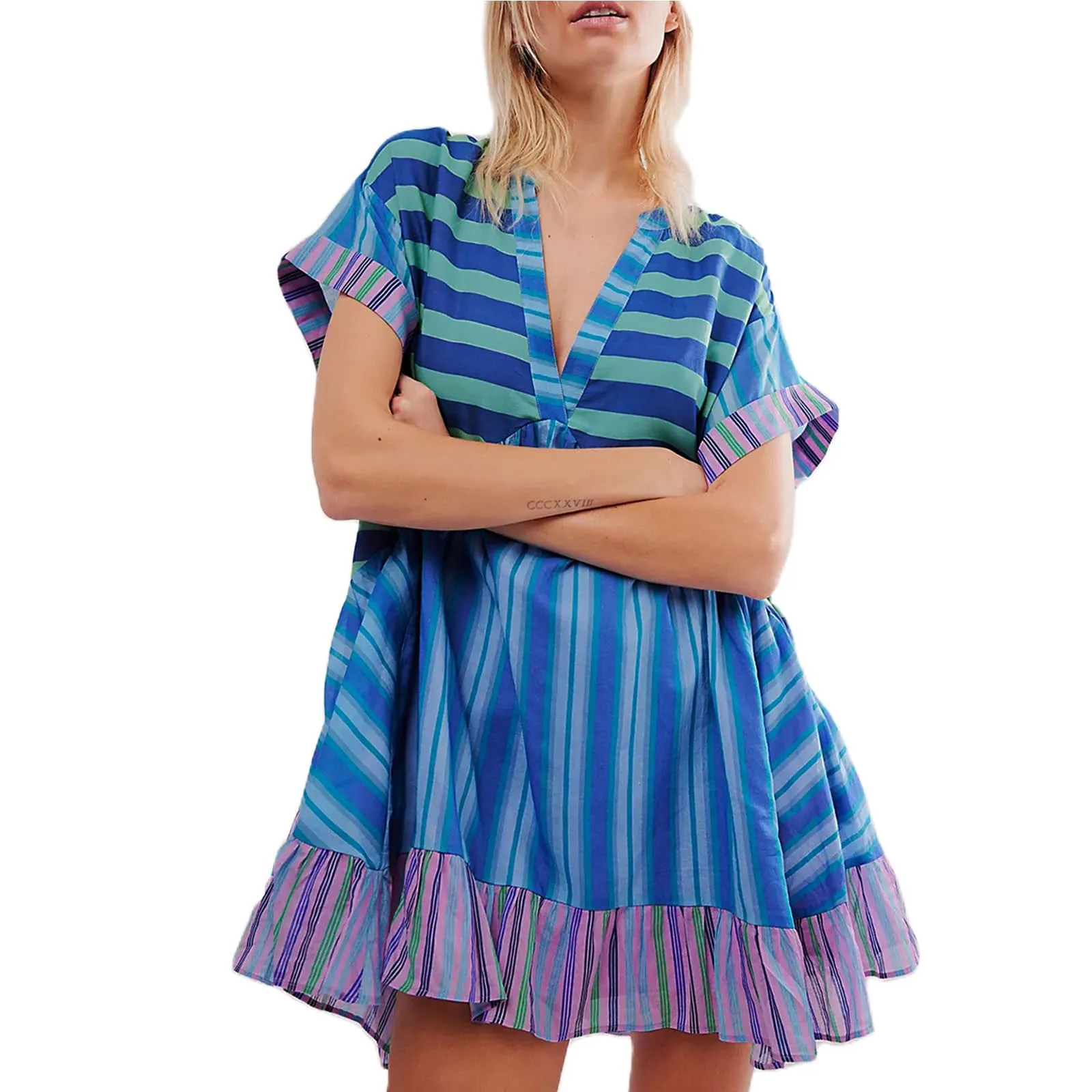 2024 New Women's Summer Loose Doll Dresses Boho Striped Print Short Sleeved V-Neck Flower Dress Swing Ruffled Casual Dresses
2024 New Women's Summer Loose Doll Dresses Boho Striped Print Short Sleeved V-Neck Flower Dress Swing Ruffled Casual Dresses