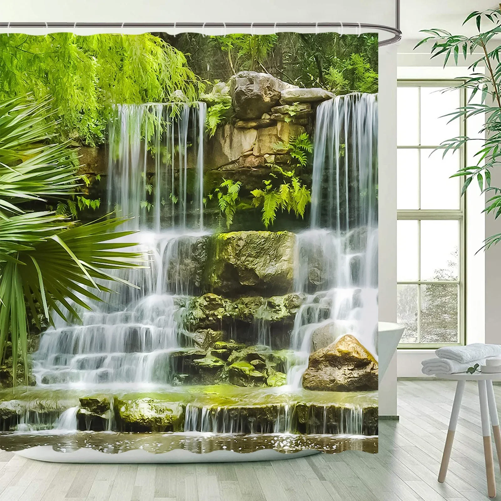

Garden Waterfall Shower Curtains Tropical Plant Spring Nature Landscape Home Wall Hanging Fabric Bathroom Decor Bath Curtain Set