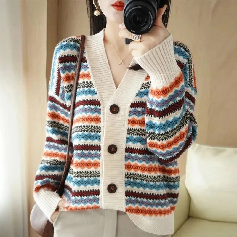 Thicken Striped Long Sleeve Knitted Cardigan Women's Short Sweater Coat Loose V-Neck Single Breasted Soft Cardigan Sweater Femme
Thicken Striped Long Sleeve Knitted Cardigan Women's Short Sweater Coat Loose V-Neck Single Breasted Soft Cardigan Sweater Femme