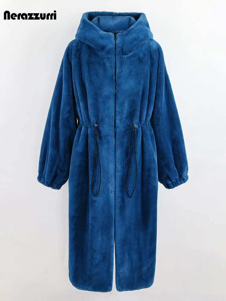 

Nerazzurri Winter Long Oversized Thick Warm Blue White Black Faux Fur Coat Women with Hood Zip Up Loose Luxury Fluffy Jacket