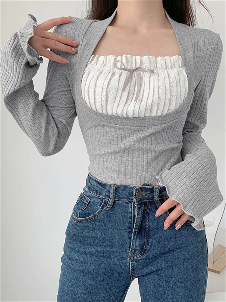 Y2k T-shirt Women Lace Patchwork Tee Gray Fake Two Pieces Pleated Tshirt Ladies Long Sleeve Tops Casual Kawaii Korean Shirt
Y2k T-shirt Women Lace Patchwork Tee Gray Fake Two Pieces Pleated Tshirt Ladies Long Sleeve Tops Casual Kawaii Korean Shirt
