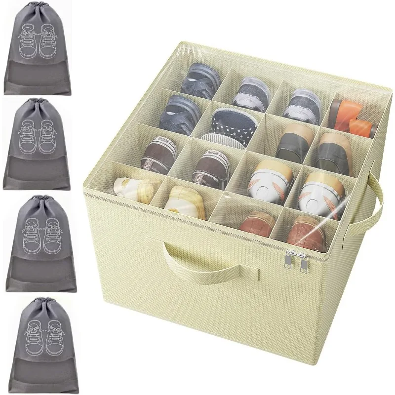 

ANBOO Shoe Organizer for Closet, Fits 16 Pairs, Large Fabric Shoe Storage Bins Box with Clear Cover, Adjustable Dividers