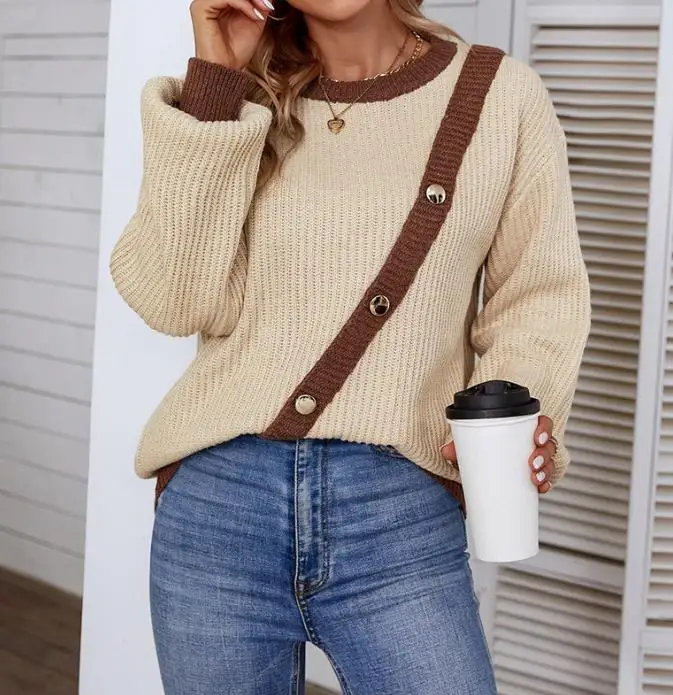 Casual Style Women's Clothing 2023 Contrast Button Round Neck Pullover Knitwear Temperament Commuting Lantern Sleeve Sweater
Casual Style Women's Clothing 2023 Contrast Button Round Neck Pullover Knitwear Temperament Commuting Lantern Sleeve Sweater
