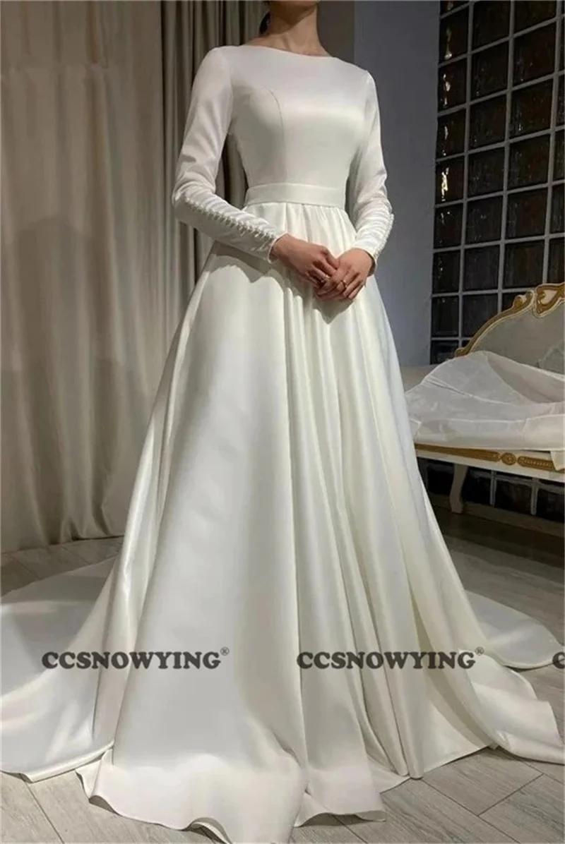 

Simple Satin Muslim Wedding Dress for Bride Long Sleeve Scoop Neck Hijab Islamic Bridal Gowns Arabic Dubai Vestidos De Novia