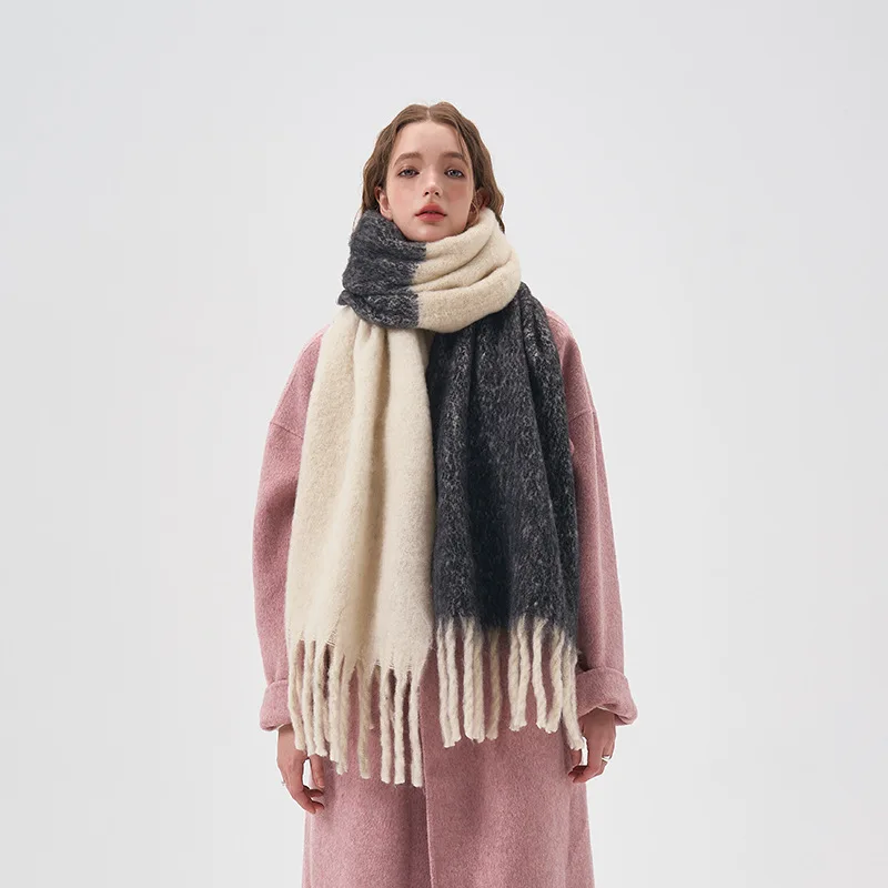 

Simple Colour Blocking Soft Touch Plush Scarf Winter Thickening Lengthening Imitation Cashmere Shawl Windproof Warm for Female