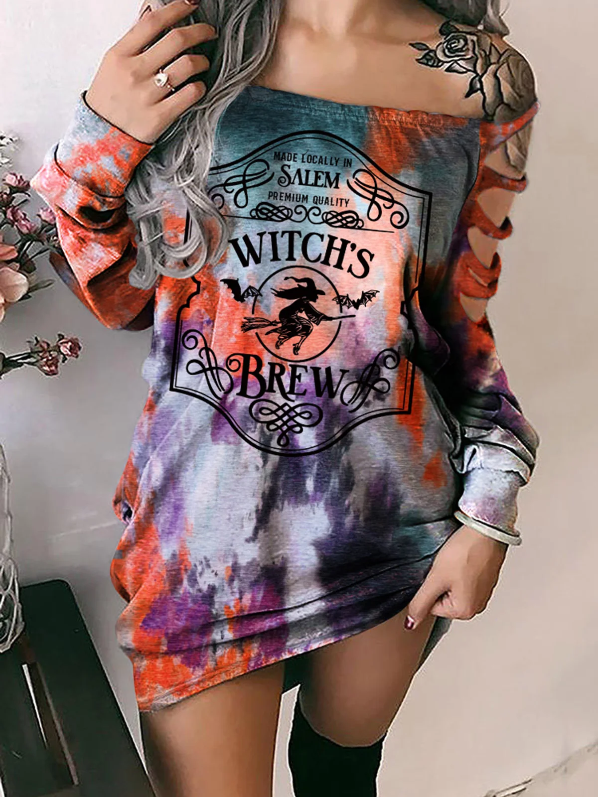 

Halloween Witch's Bat Tie Dye Cut Out Off Shoulder Mini Dress 2023 Ladies New Fashion Autumn Casual Print Elegant Party Skirt