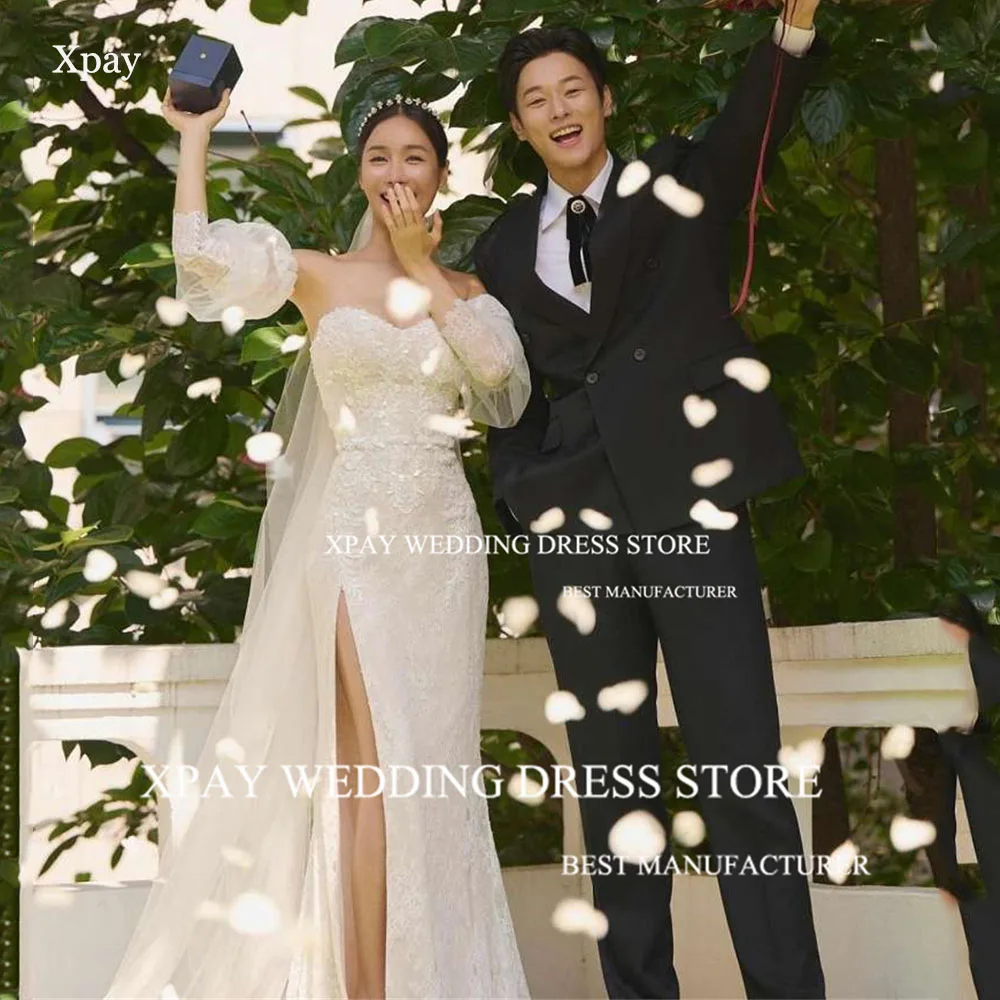 

XPAY свадебные платья в стиле бохо с милой русалкой кружевное Тюлевое платье с коротким рукавом корейское платье невесты корсет с высоким разрезом с открытой спиной свадебное платье