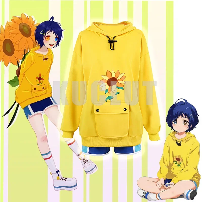 

Anime Wonder Egg Priority Ohto Ai Cosplay Costumes Hoodie Yellow Sunflower Pullover Sweatshirt Shorts Wig Hairpin Suit