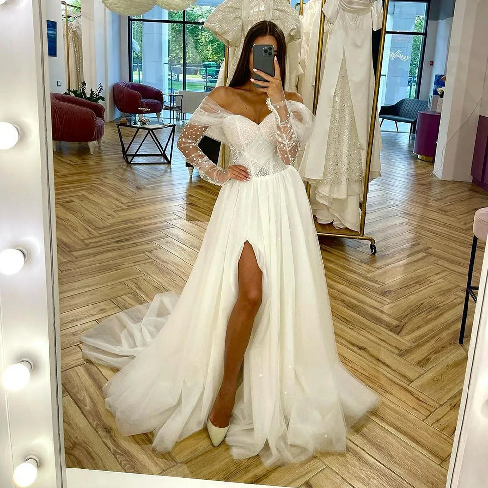 

Msikoods Off the Shoulder Weeding Dresses A Line Bride Dress Dot Tulle Pleats Princess Split Wedding Party Gowns Plus Size