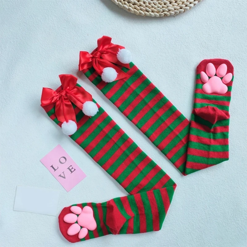 

2024 New Bows Striped Over The Knee Socks Cat Paw Thigh High Stockings Halloween Christmas Costume Accessory for Women Kids Girl