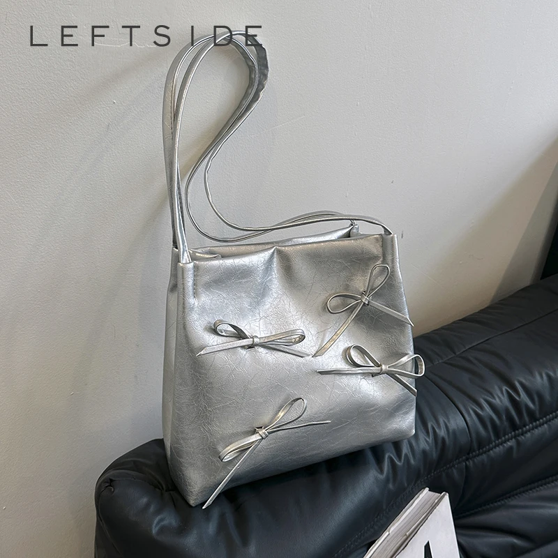 

Маленькие Серебристые сумки через плечо из искусственной кожи с бантом для женщин, лето 2024, модные дизайнерские сумки и кошельки, трендовая сумка под подмышку