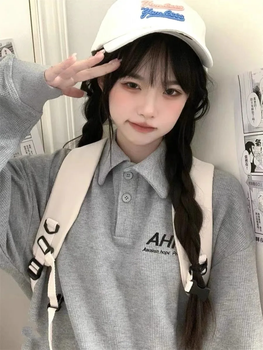 

Gray Polo Collar Shirt Women 2023 Spring Y2K Waffle Hoodies Oversized Sweatshirt Casual Japanese Clothes Long Sleeve Shirt Teens