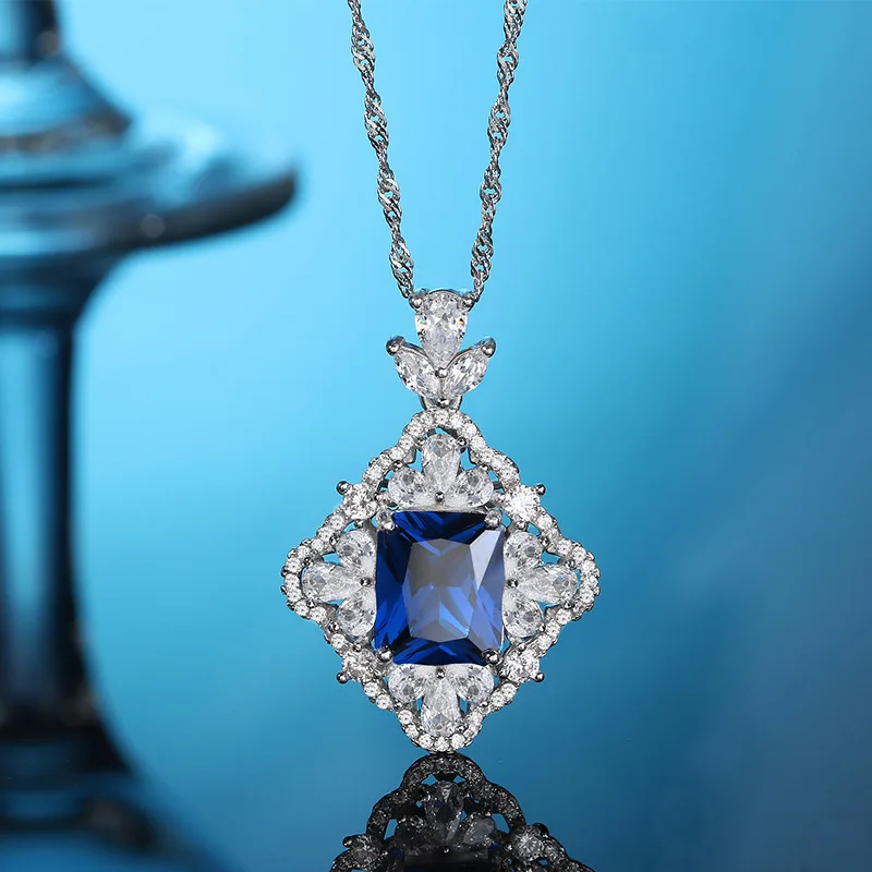 High Quality Pure 925 Silver Women's Necklace With Pendant Made of Artificial Sapphire and Zircon for Business Negotiation Wear 
High Quality Pure 925 Silver Women's Necklace With Pendant Made of Artificial Sapphire and Zircon for Business Negotiation Wear
