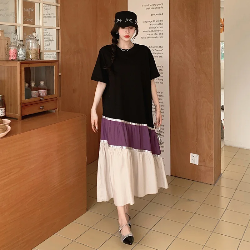 

2024 New Oversized Loose Knee Length Round Neck Long Skirt with Asymmetrical Short Sleeved Dress in Oversized Splicing