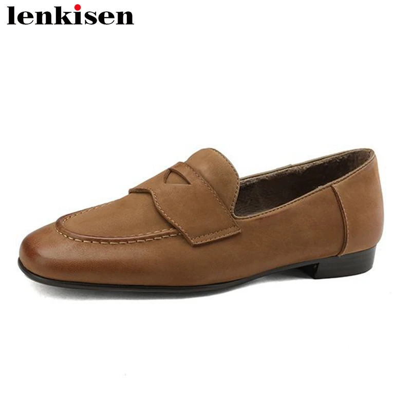 

Lenkisen Best Seller Sheep Leather Round Toe Brand Shoes Low Heels Western Office Lady Slip on Splicing Cozy Brand Women Pumps